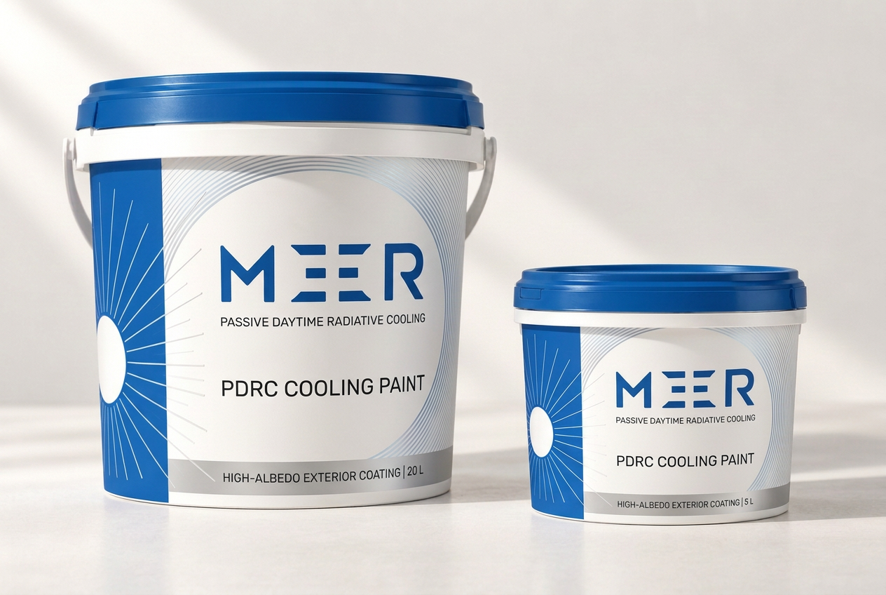 Dos botes de pintura refrigerante PDRC de MEER en envase azul y blanco