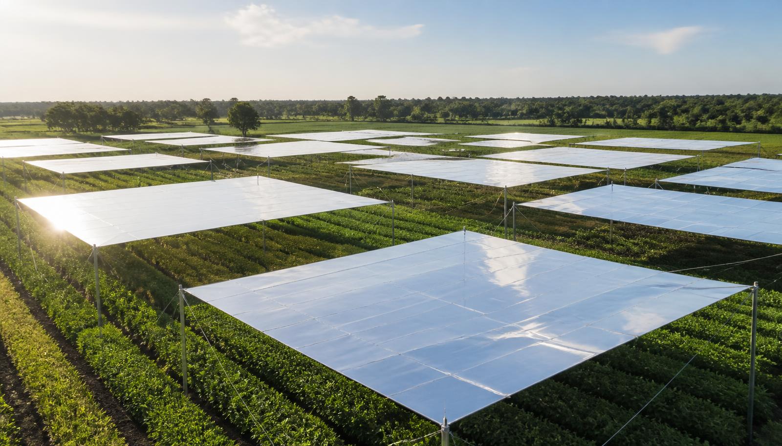 Aerial view of separate rectangular reflective canopy panels suspended on slim poles and cables in a staggered grid above green crop rows, with open gaps of sunlit field between the modules