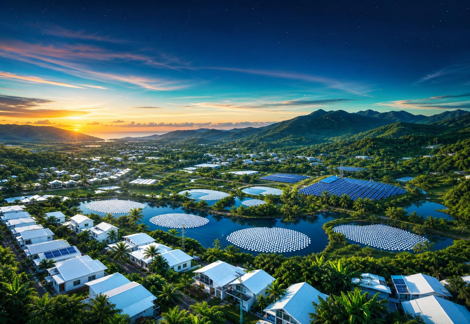 Aerial view of a tropical community at sunrise with reflective rooftops, reservoirs covered with bright cooling spheres, and solar arrays integrated into the landscape.