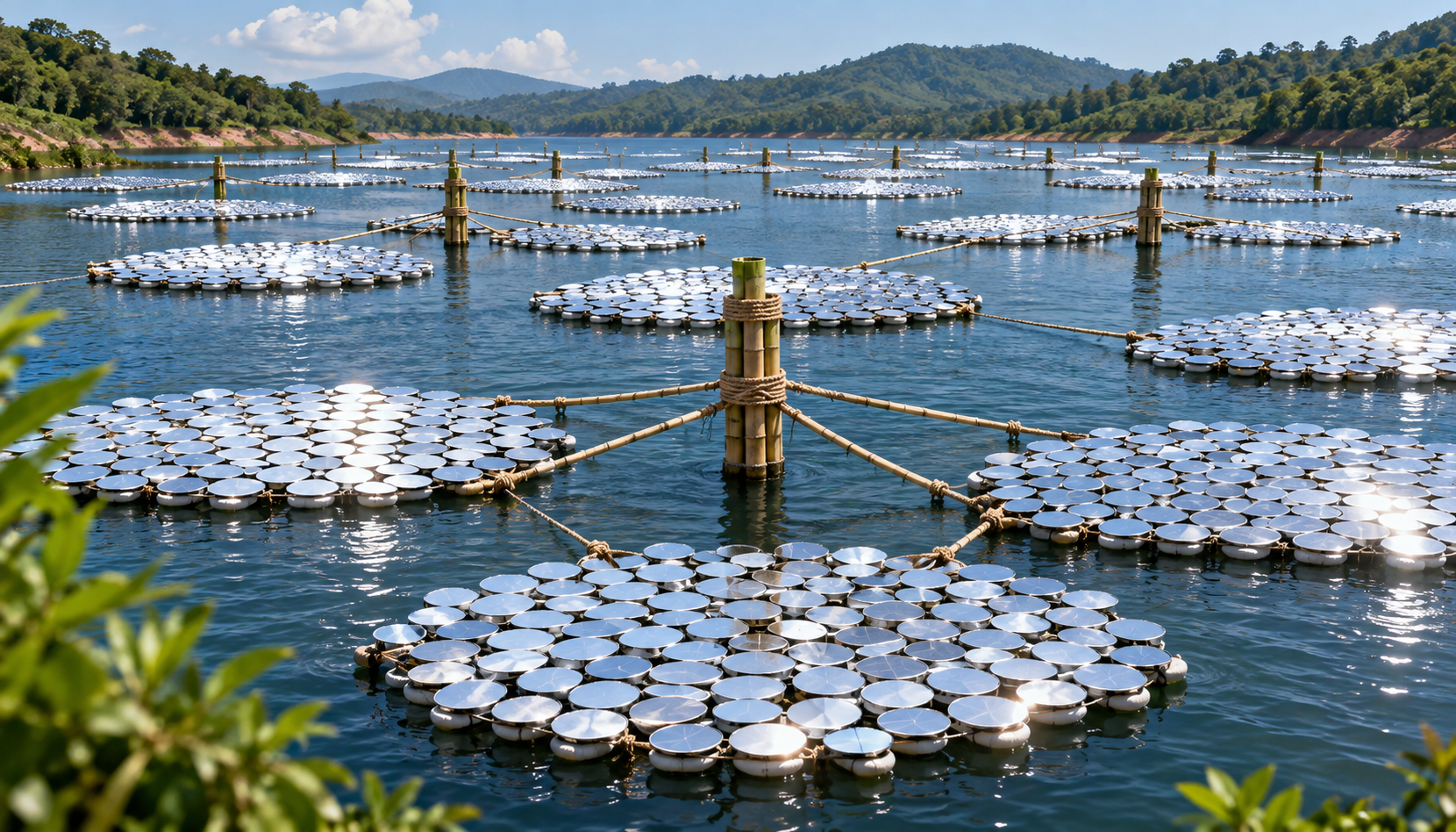 A large reservoir in forested hills covered with circular rafts of silver reflective floating discs, tethered with rope to bamboo posts, with open water between each raft