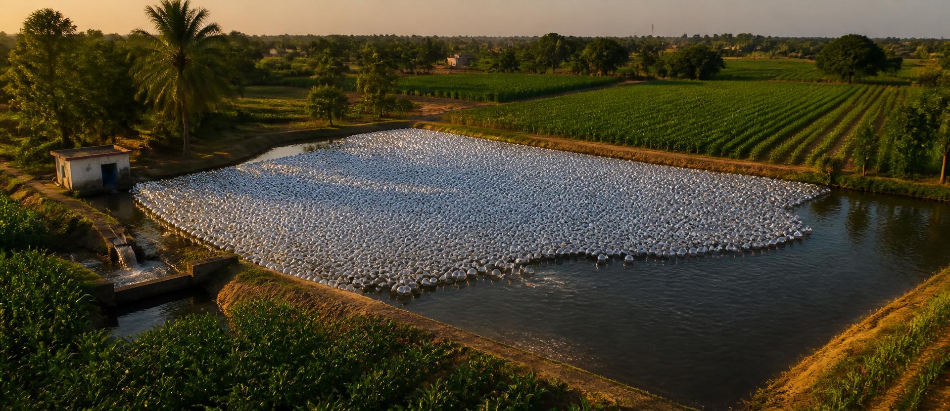 Aerial view of a rural Indian farm pond covered with hundreds of small silver reflective floating spheres, surrounded by irrigated green fields, earthen bunds and a small pump house in warm afternoon light