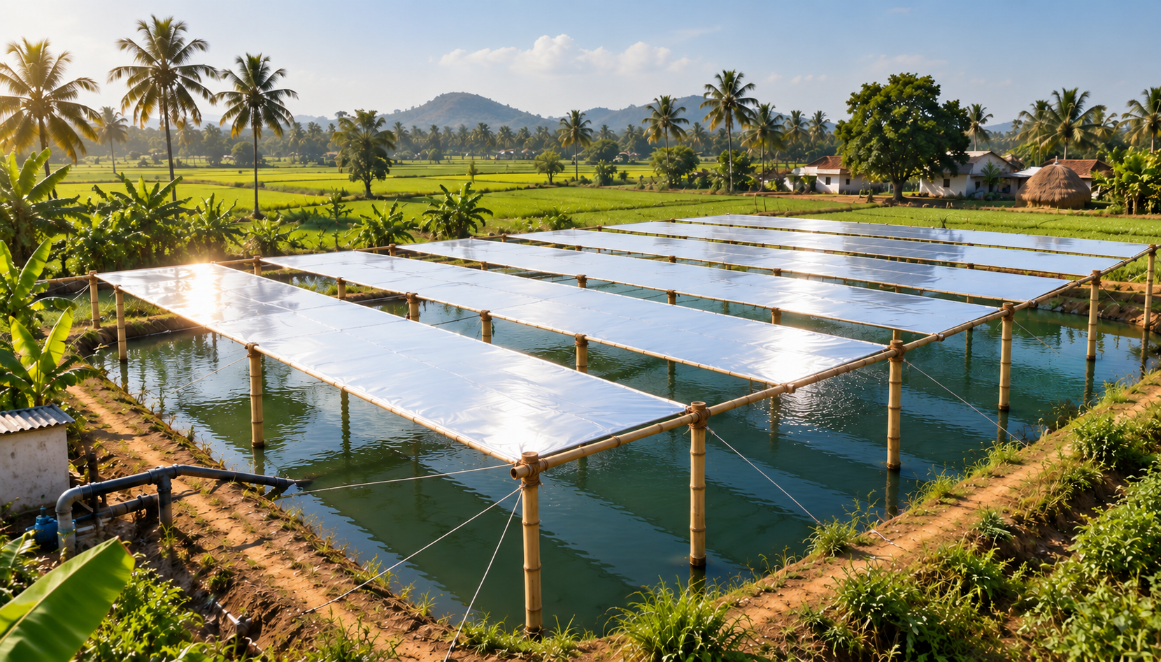 Rectangular reflective panels on bamboo frames raised above a rural farm pond, surrounded by green paddy fields, palm trees and a small pump house