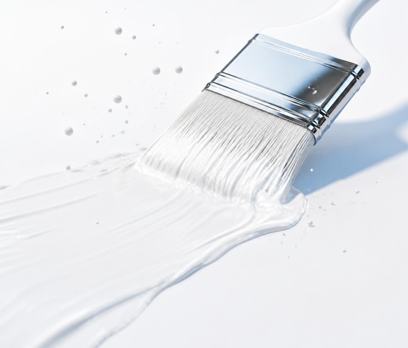 A premium paintbrush loaded with brilliant white passive cooling paint sweeping a glossy stroke across a clean white surface, with fine droplets suspended in studio light.