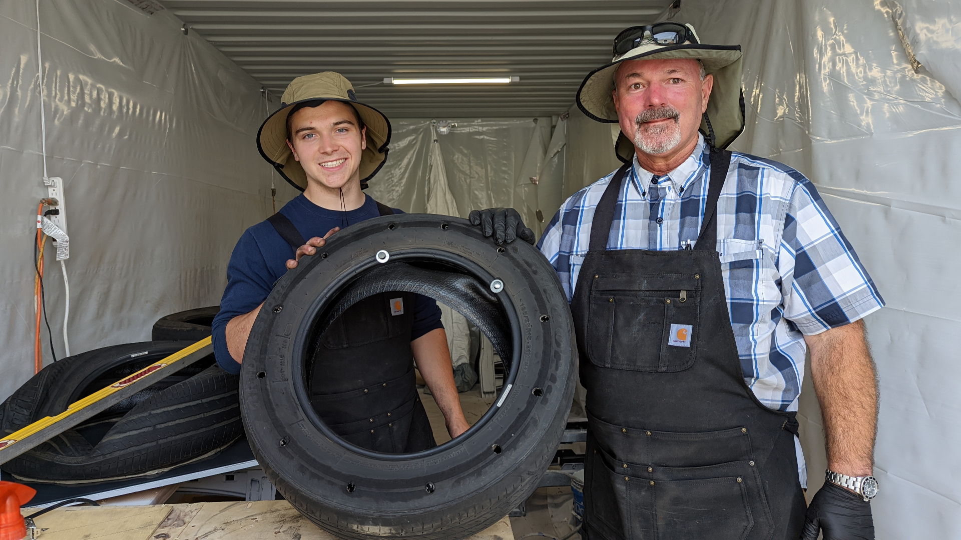 Technicians with an instrumented tyre